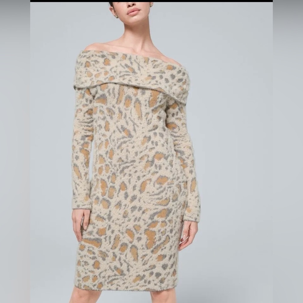 White House Black Market Leopard Print Off-Shoulder Sweater Dress.